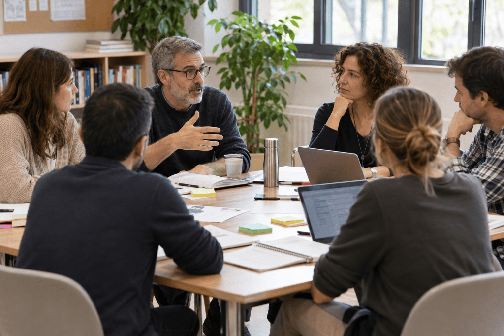 Grupo de profesionales de un centro educativo reunidos para debatir y tomar decisiones sobre la mejora de su organización.